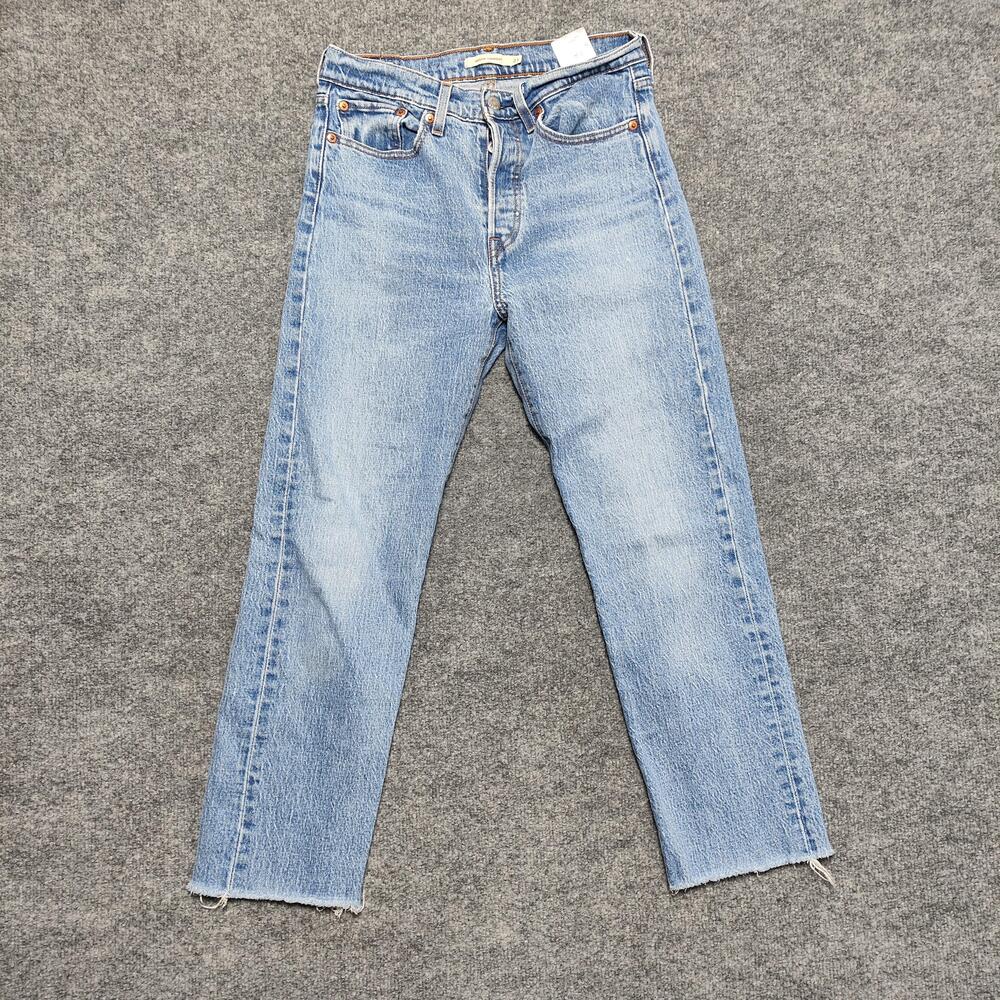 Levis Wedgie Straight Jeans Womens 27 Light Wash Blue High Rise Raw Hem Denim